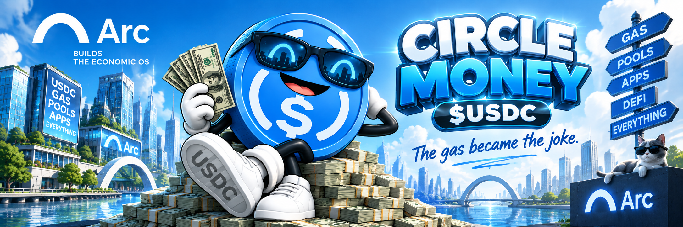 Circle Money mascot sitting on cash in an Arc cityscape, with the line The gas became the joke.